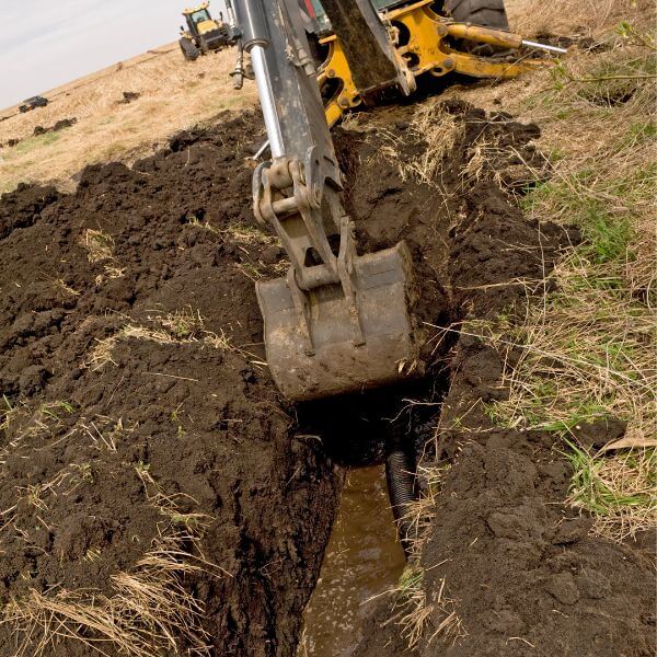 Excavator installing a subsurface drainage pipe in a rural paddock to redirect water and prevent pooling. Excavator installing a subsurface drainage pipe in a rural paddock to redirect water and prevent pooling.