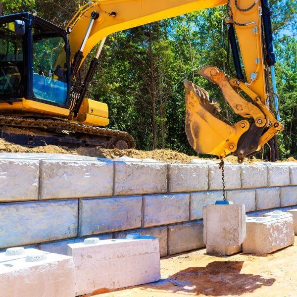 Retaining wall installation in progress with concrete blocks and excavator on a cleared rural site by Rural Property Services NSW